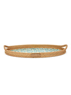 Natural Cane Oval Tray with Blue Tropical Design for Tabletop, Kitchen, and Home Decor