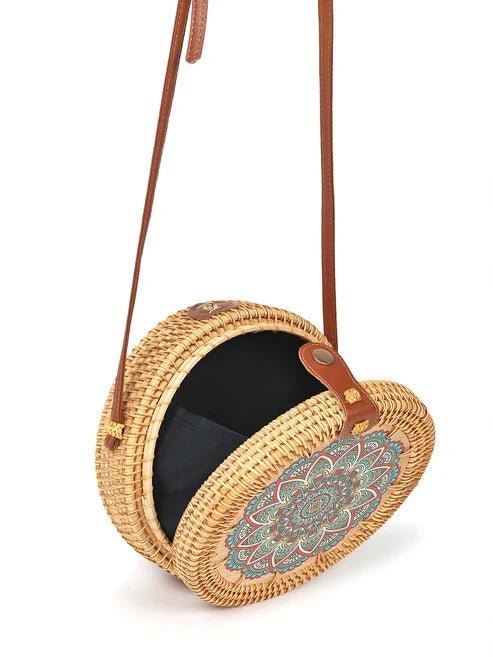 Handwoven Round Rattan Sling Bag for Beach Trips, Travel, and Casual Wear