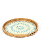 Rustic Handmade Round Cane Tray with Blue Circle Mosaic for Stylish Serving and Display