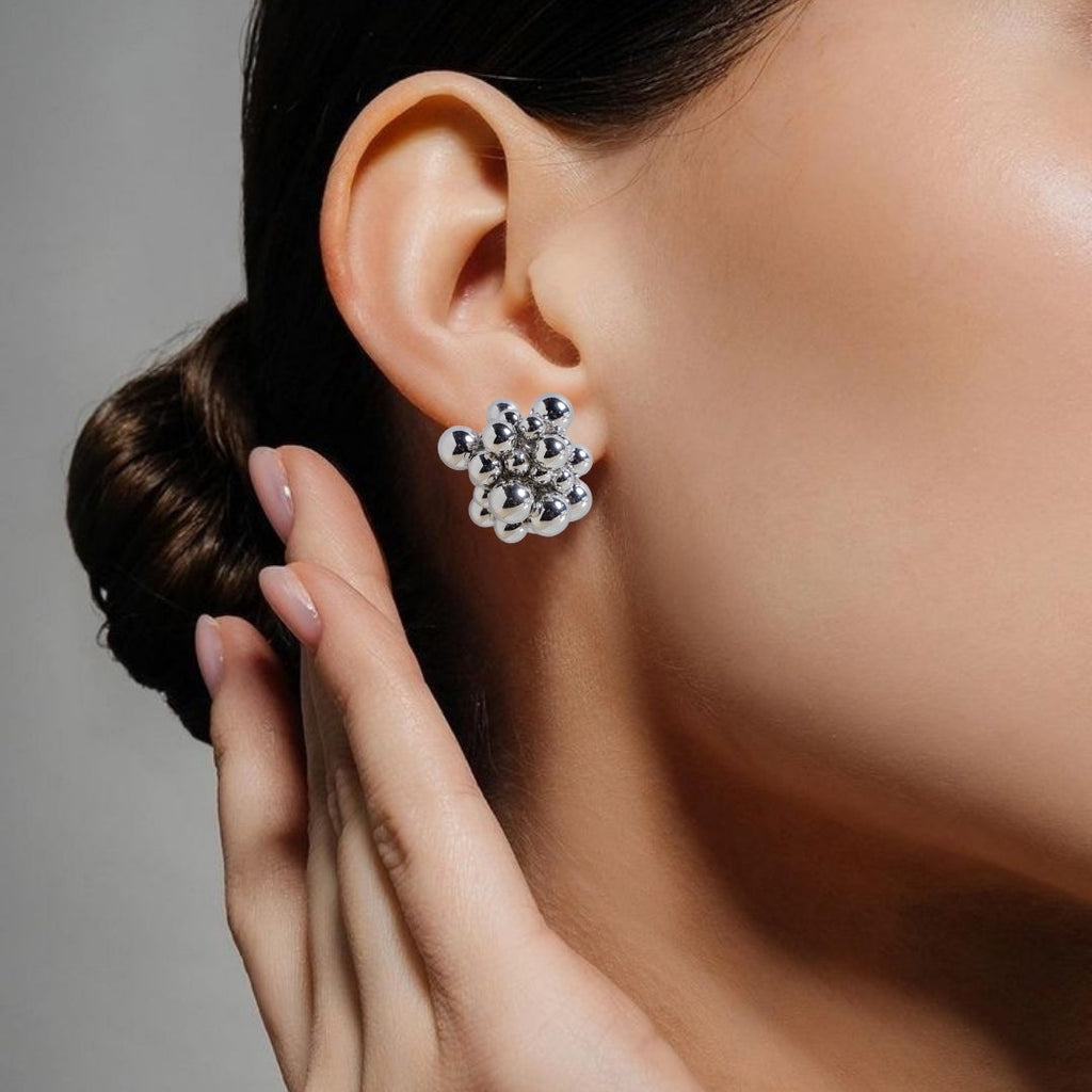 Silver Bold Beaded Cluster Earrings Nestasia