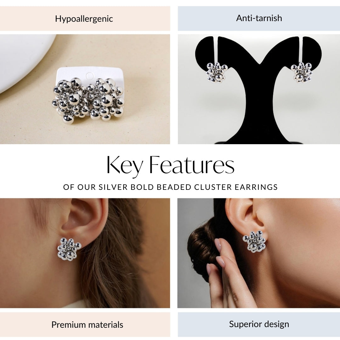 Silver Bold Beaded Cluster Earrings Nestasia