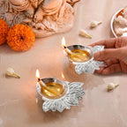 Silver Leaf Brass Diya For Pooja Set Of 2 In Gift Box Nestasia