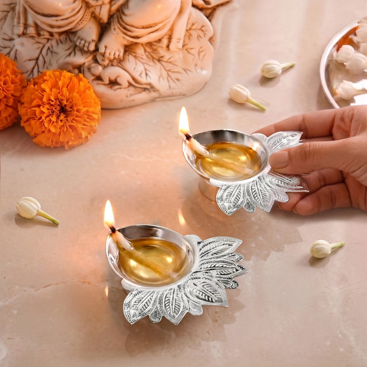 Silver Leaf Brass Diya For Pooja Set Of 2 In Gift Box Nestasia