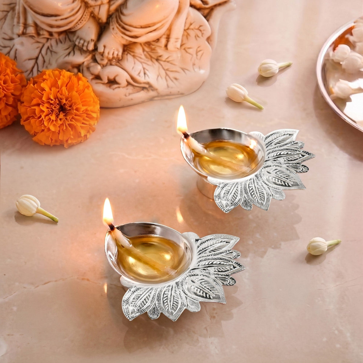 Silver Leaf Brass Diya For Pooja Set Of 2 In Gift Box Nestasia