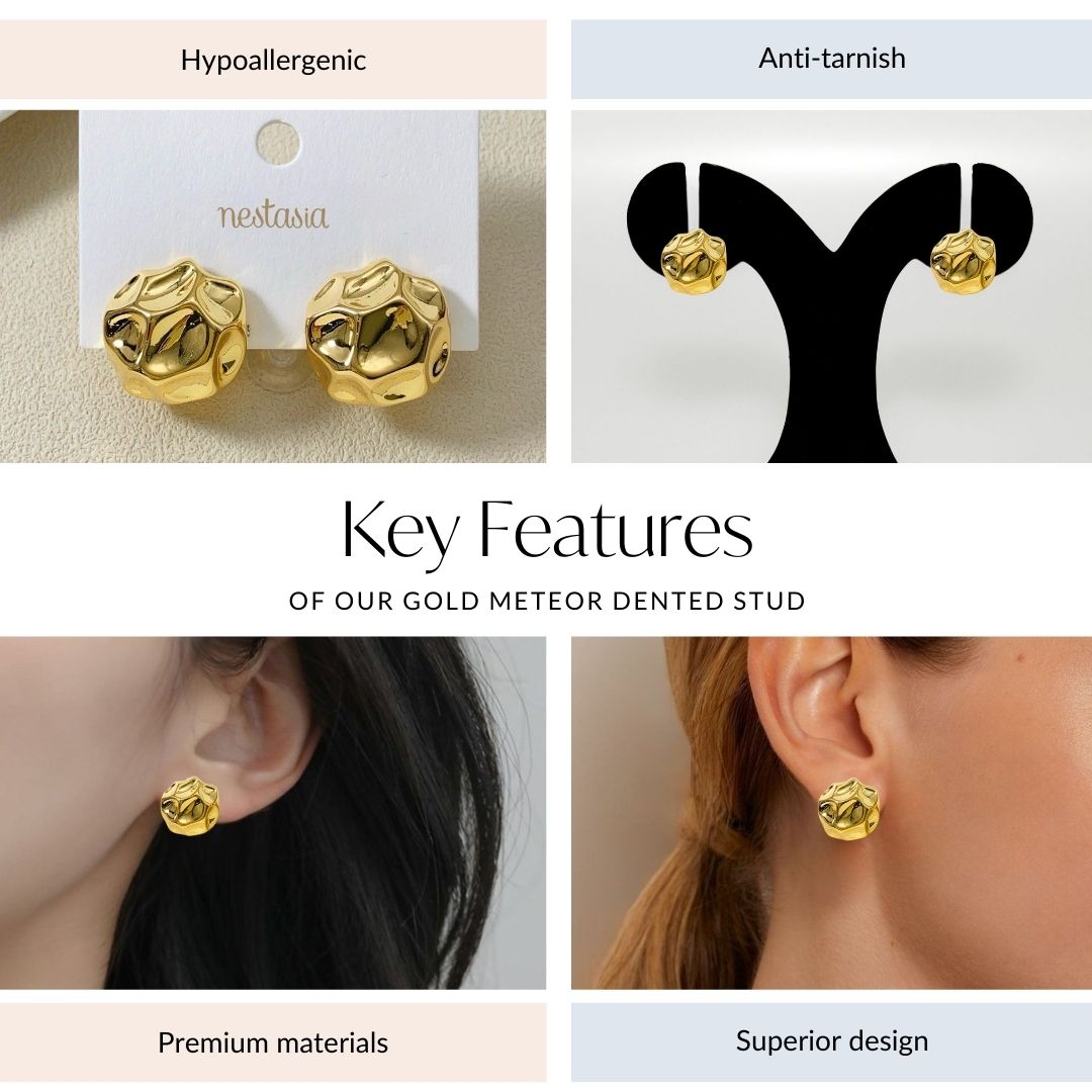 Gold Meteor Dented Stud Earrings Nestasia