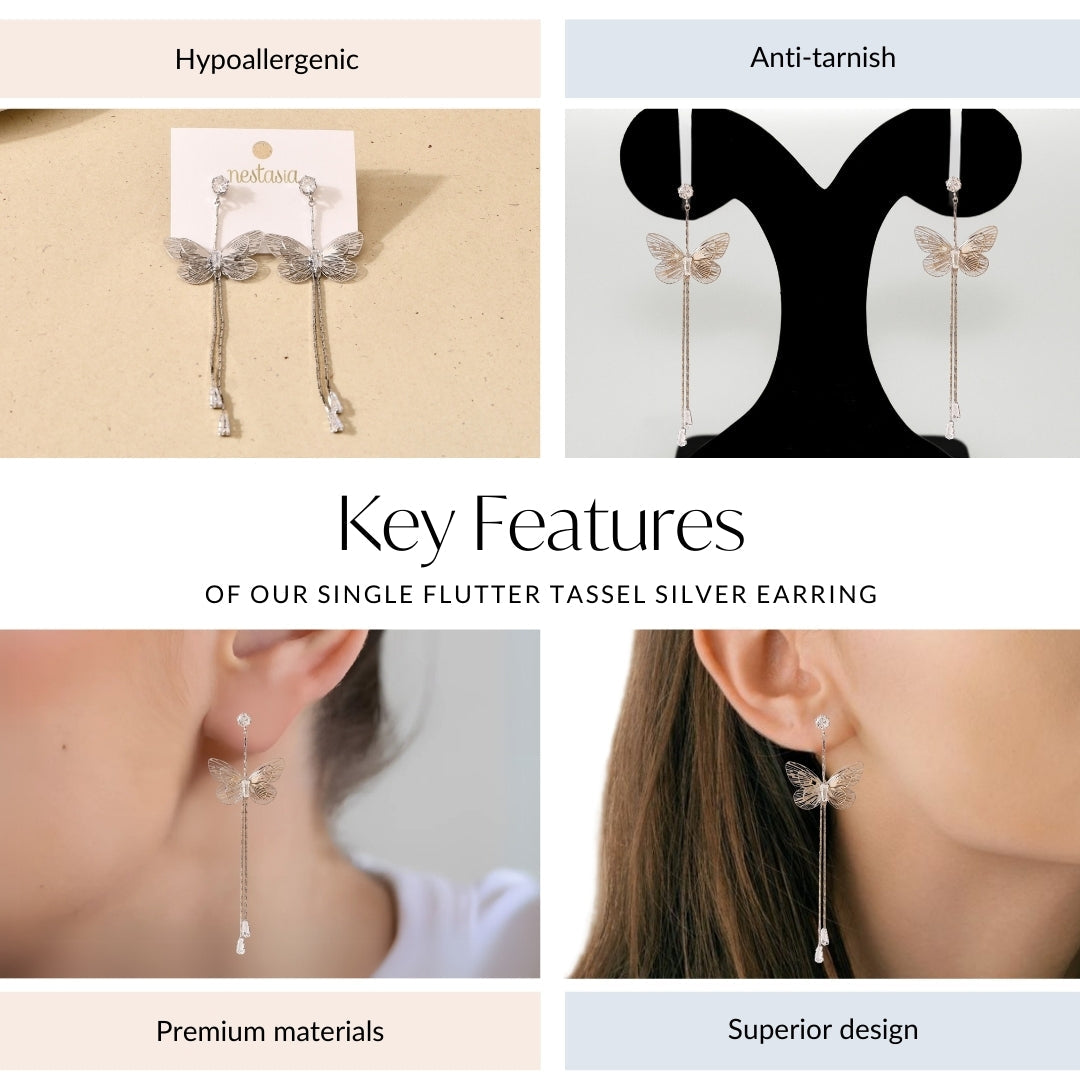 Single Flutter Tassel Silver Earrings Nestasia