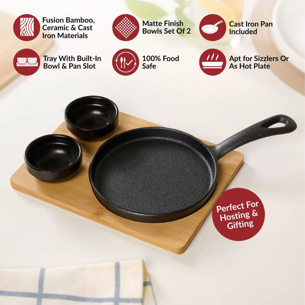 Matte Black Sizzler Pan Dip Bowl Tray Set Of 4 Nestasia