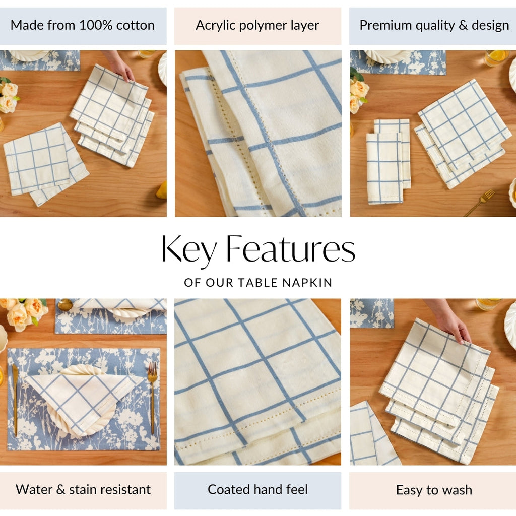Slate Blue Grid Pure Cotton Table Napkin Set Of 4 Nestasia