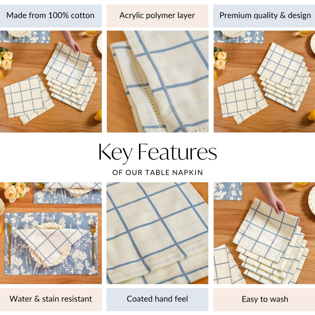 Slate Blue Grid Pure Cotton Table Napkin Set Of 6 Nestasia