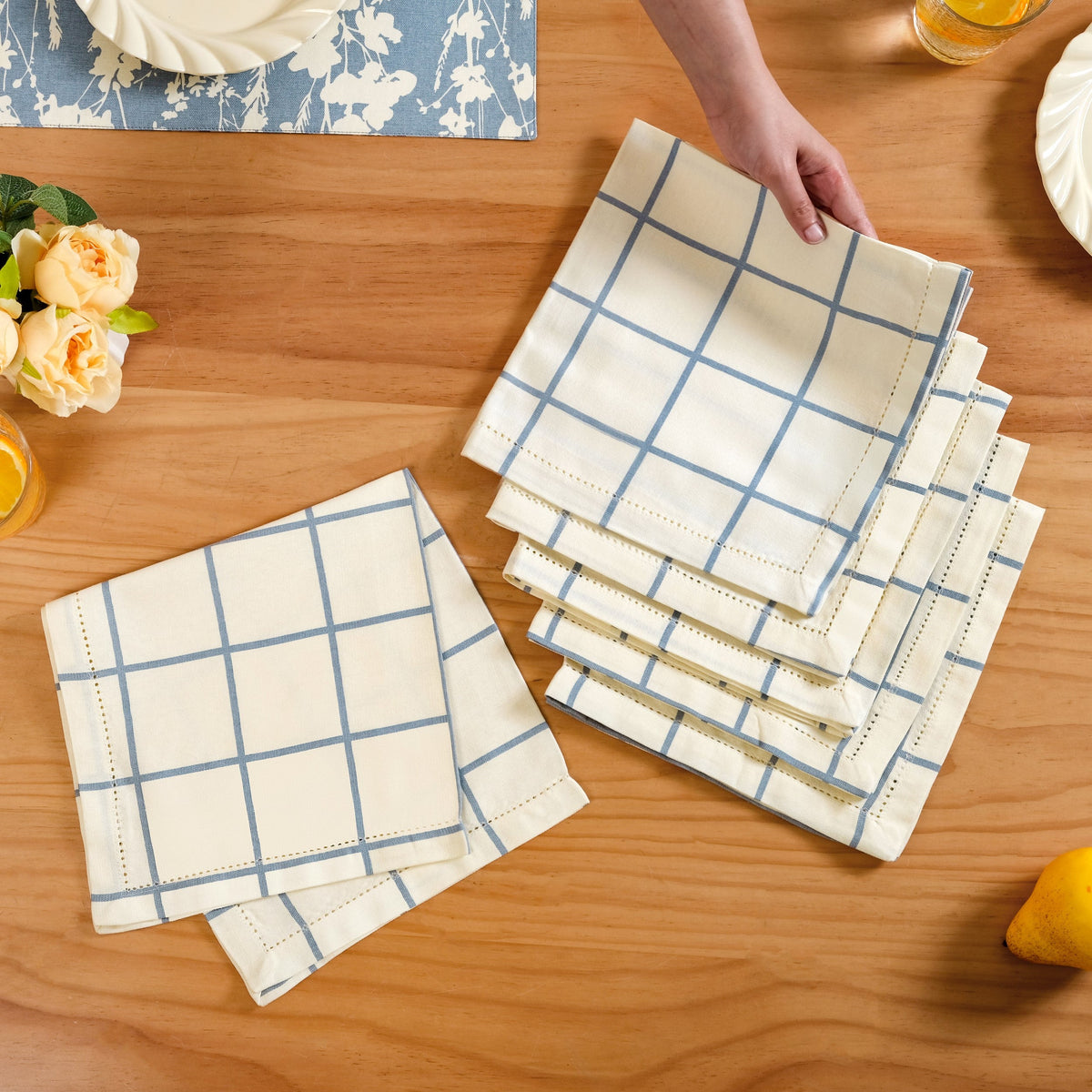 Slate Blue Grid Pure Cotton Table Napkin Set Of 6 Nestasia