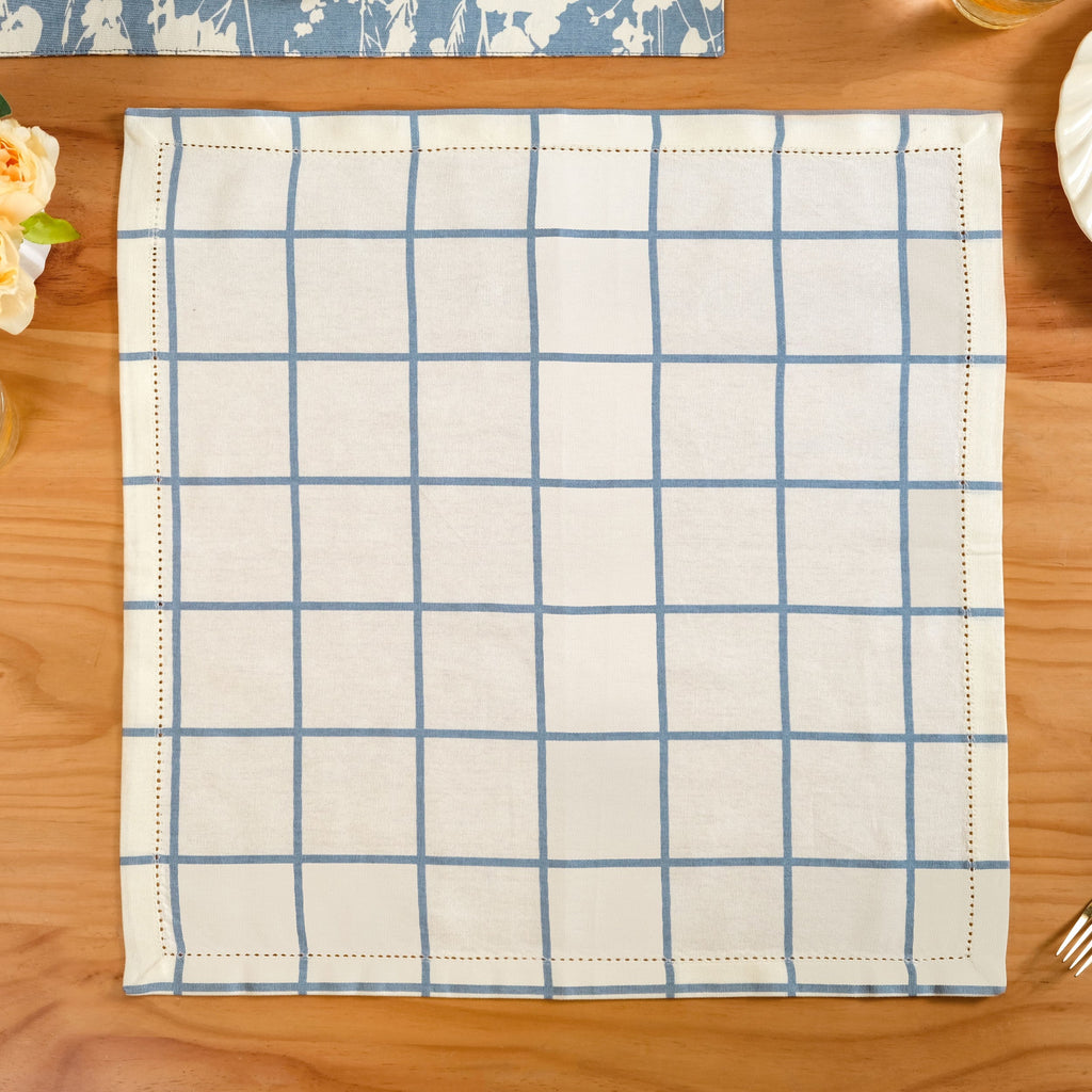Slate Blue Grid Pure Cotton Table Napkin Set Of 6 Nestasia