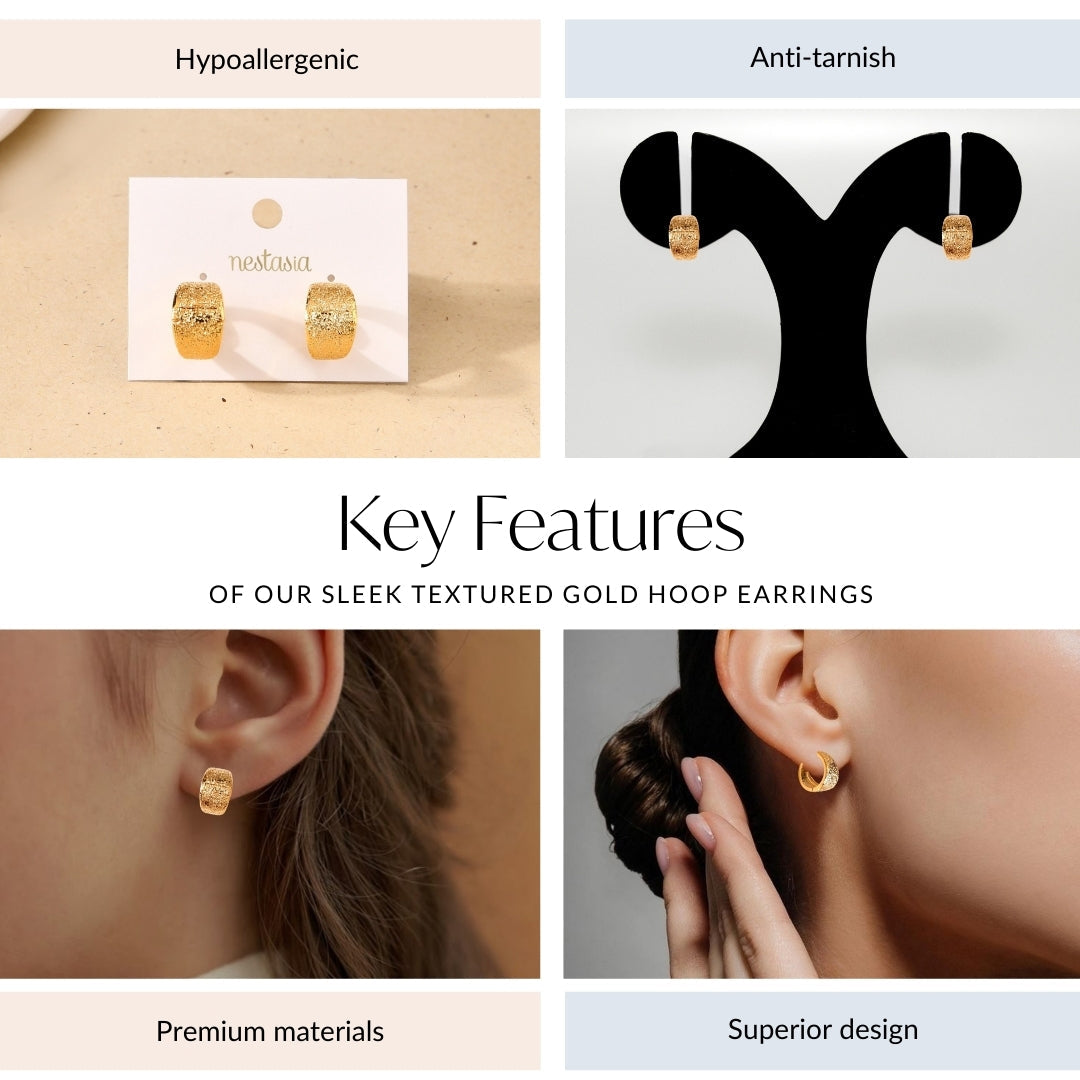 Sleek Textured Gold Hoop Earrings Nestasia