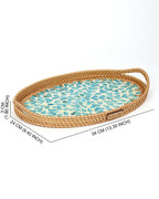 Natural Cane Oval Tray with Blue Tropical Design for Tabletop, Kitchen, and Home Decor