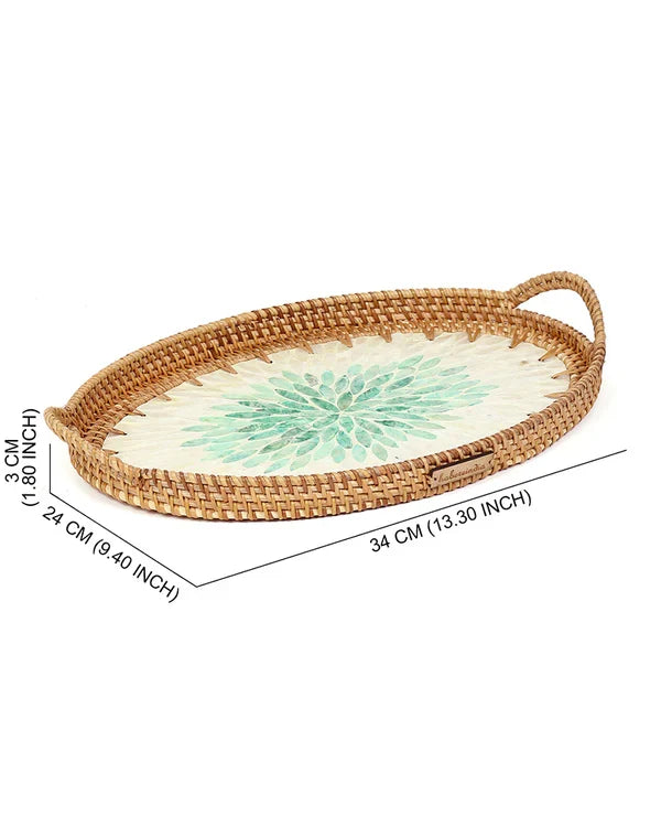 Handwoven Oval Cane Tray with Green Rangoli Mosaic for Decorative and Serving Use