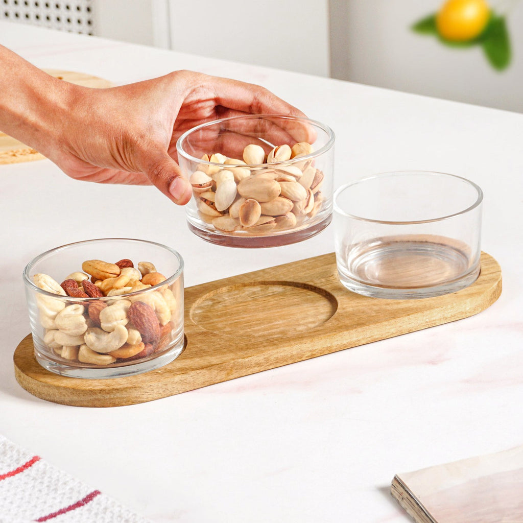 Snack Bowls Set Of 3 With Acacia Wood Tray Nestasia