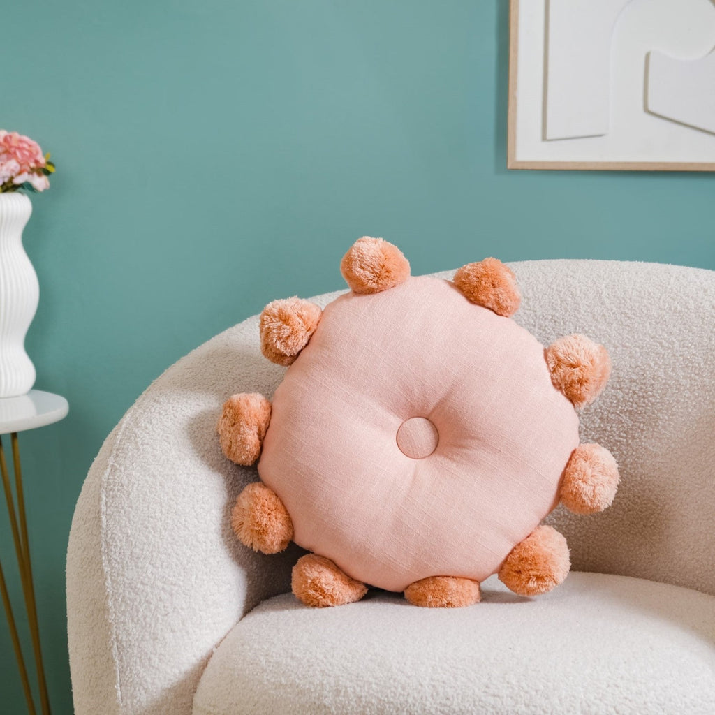 Round Cushion With Pom Poms Peach 17 Inch Nestasia