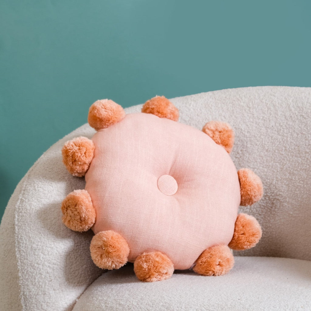 Round Cushion With Pom Poms Peach 17 Inch Nestasia