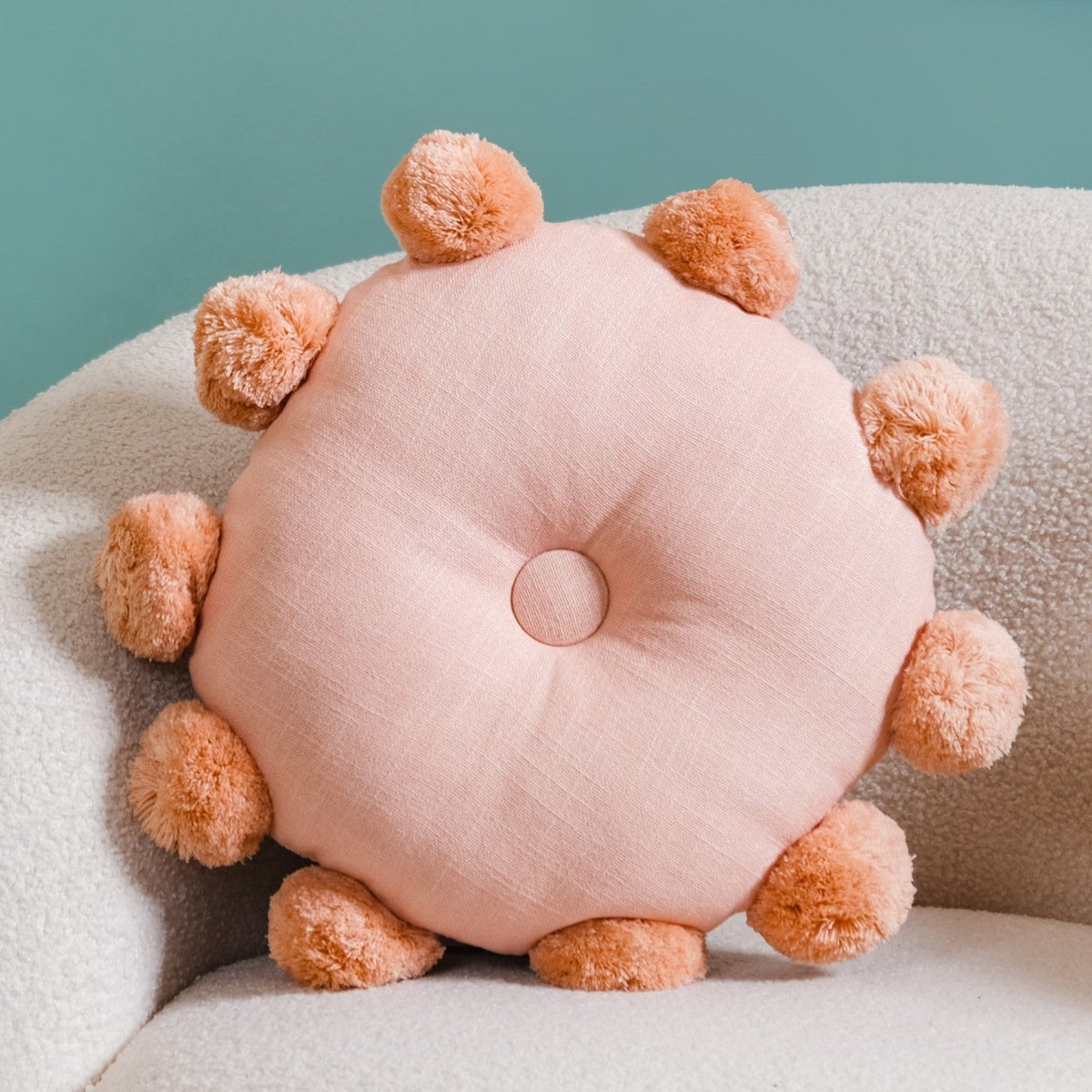 Round Cushion With Pom Poms Peach 17 Inch Nestasia