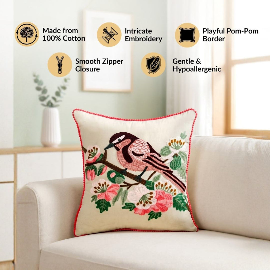 Songbird Bloom Embroidered Cushion Cover 40X40cm Nestasia