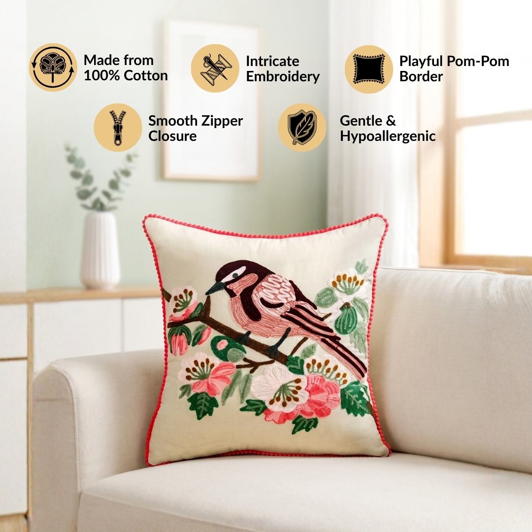 Songbird Bloom Embroidered Cushion Cover 40X40cm Nestasia