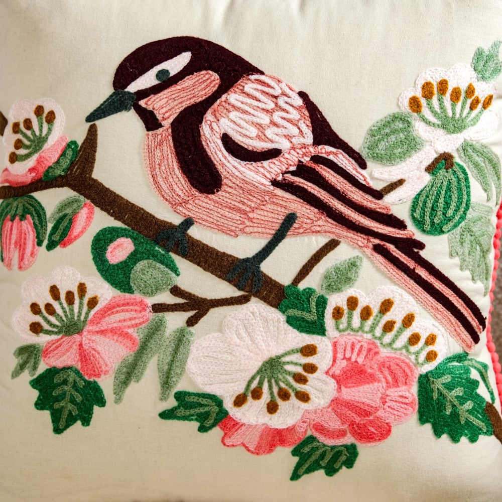 Songbird Bloom Embroidered Cushion Cover 40X40cm Nestasia