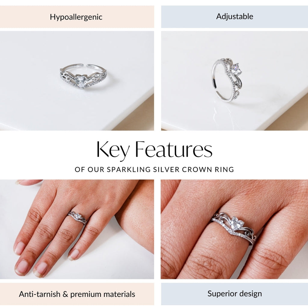 Sparkling Silver Crown Ring Nestasia