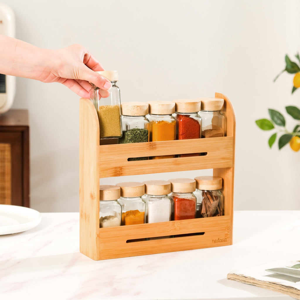 Set Of 10 Glass Jars With Wooden Storage Rack For Kitchen Nestasia