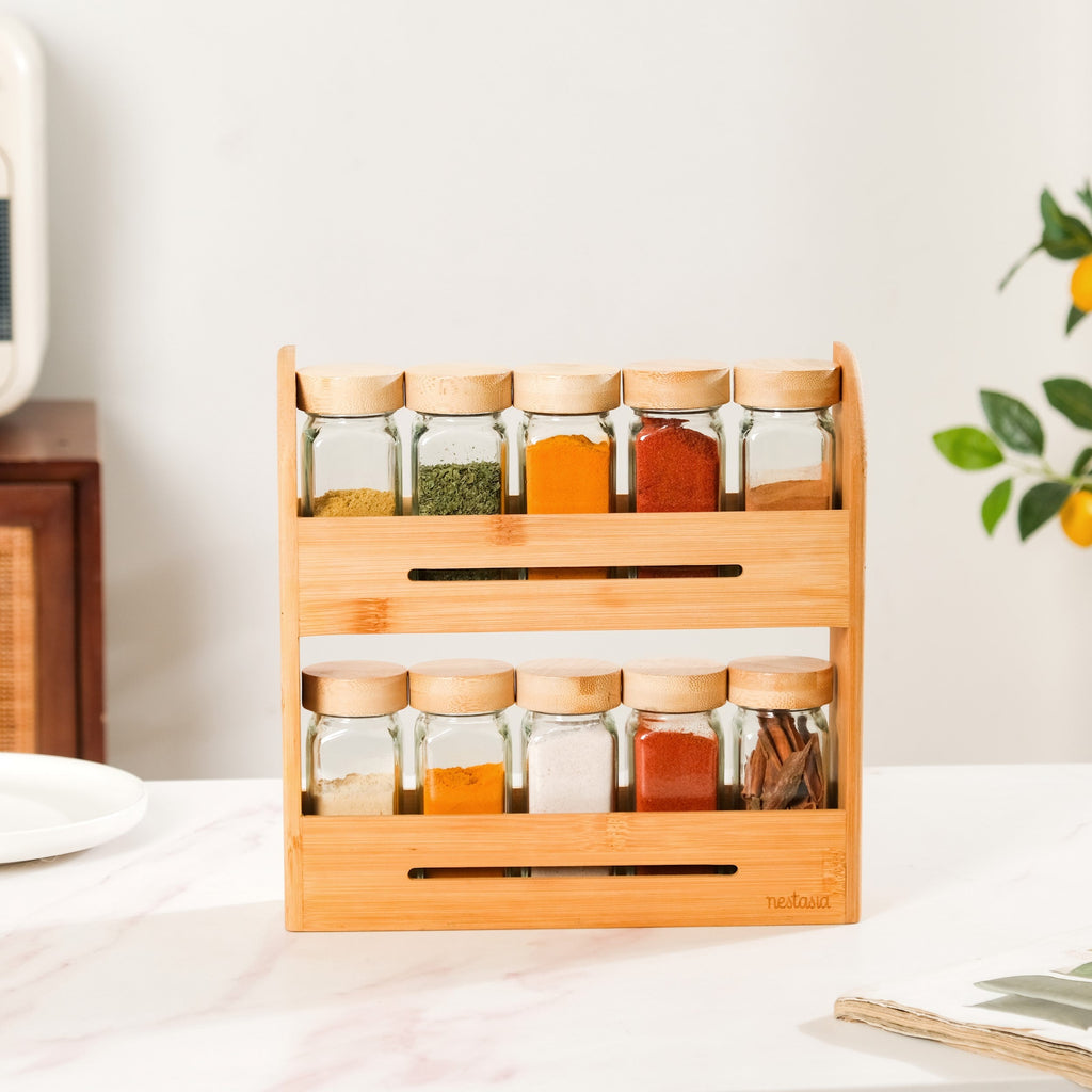 Set Of 10 Glass Jars With Wooden Storage Rack For Kitchen Nestasia