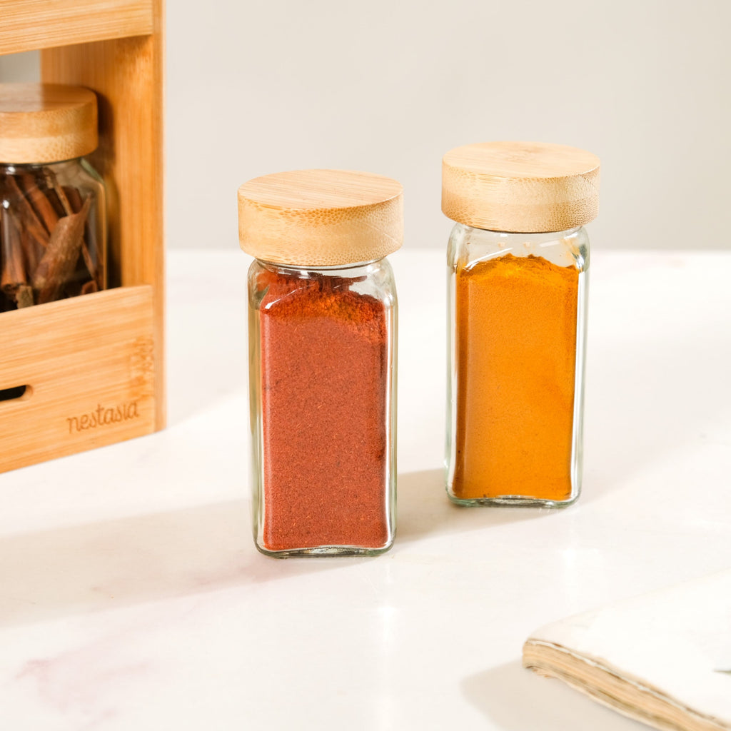 Set Of 10 Glass Jars With Wooden Storage Rack For Kitchen Nestasia