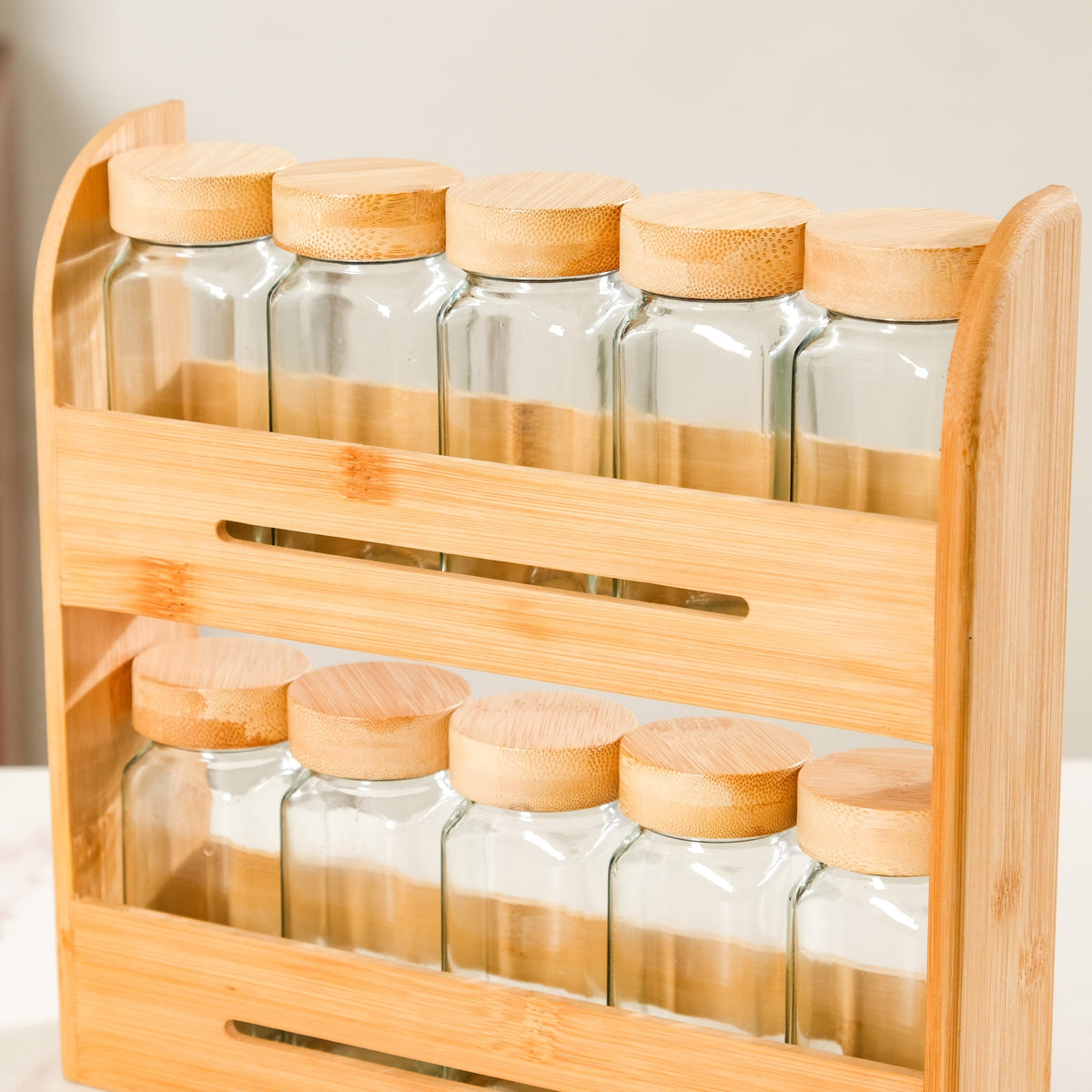 Set Of 10 Glass Jars With Wooden Storage Rack For Kitchen Nestasia