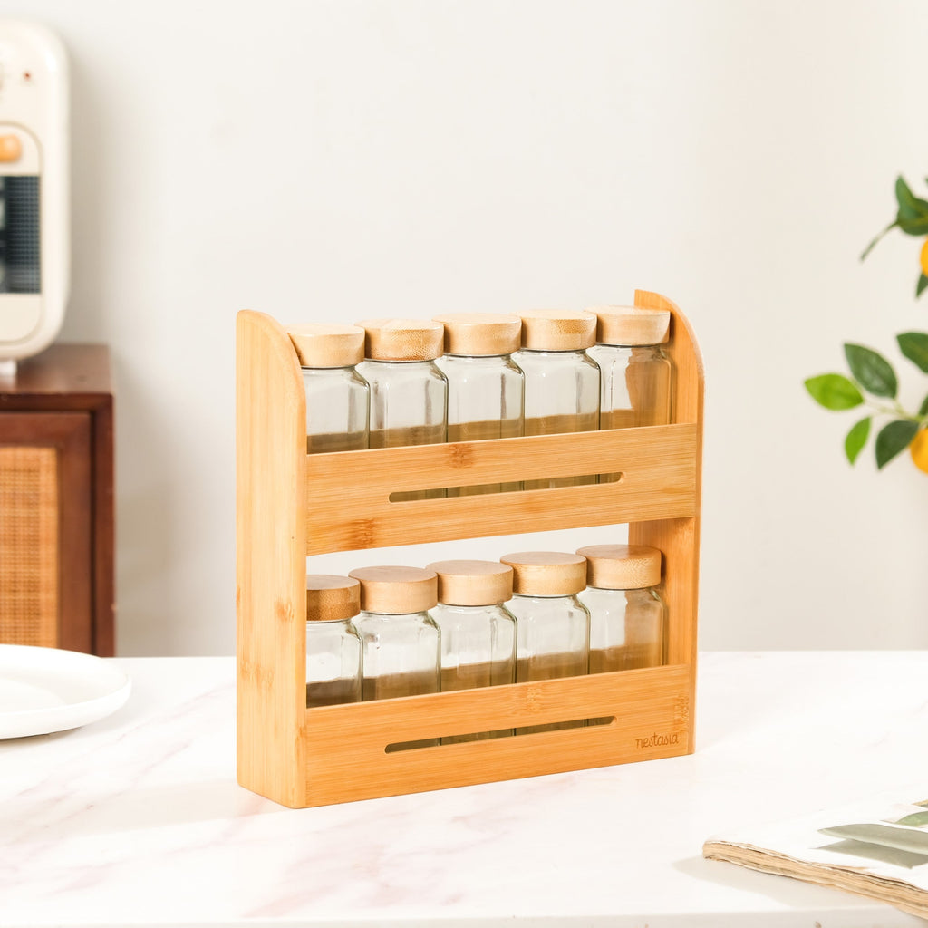 Set Of 10 Glass Jars With Wooden Storage Rack For Kitchen Nestasia