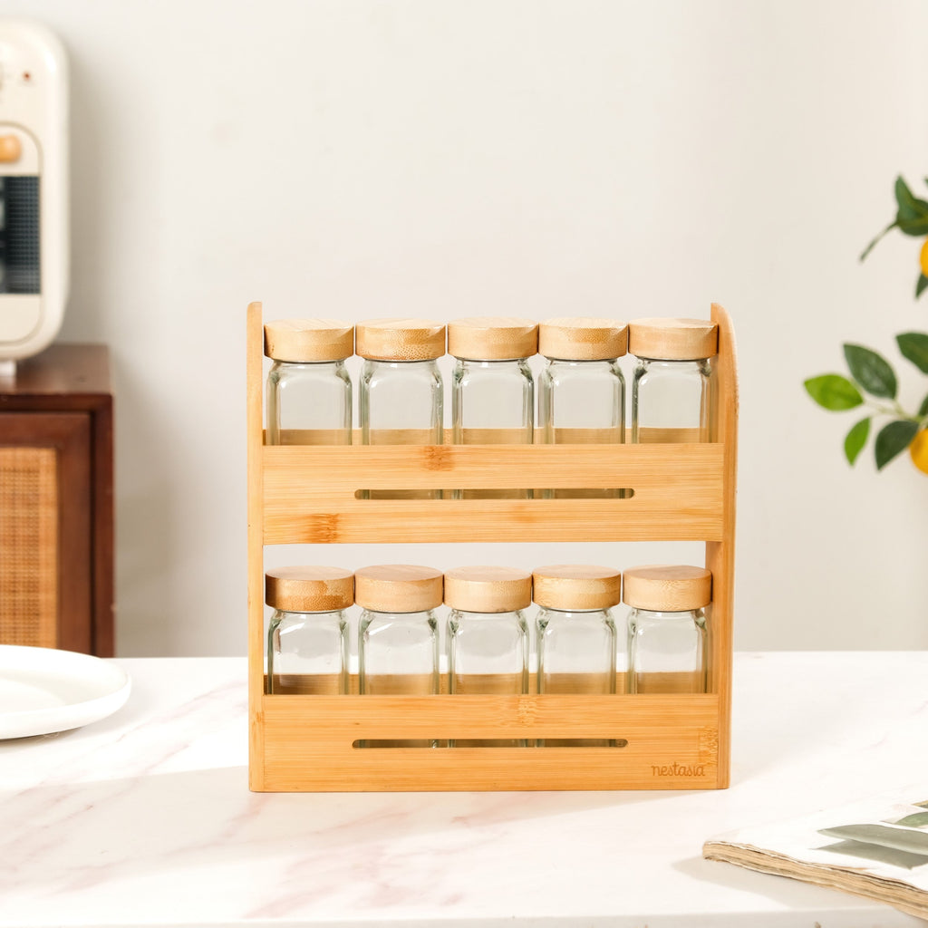Set Of 10 Glass Jars With Wooden Storage Rack For Kitchen Nestasia
