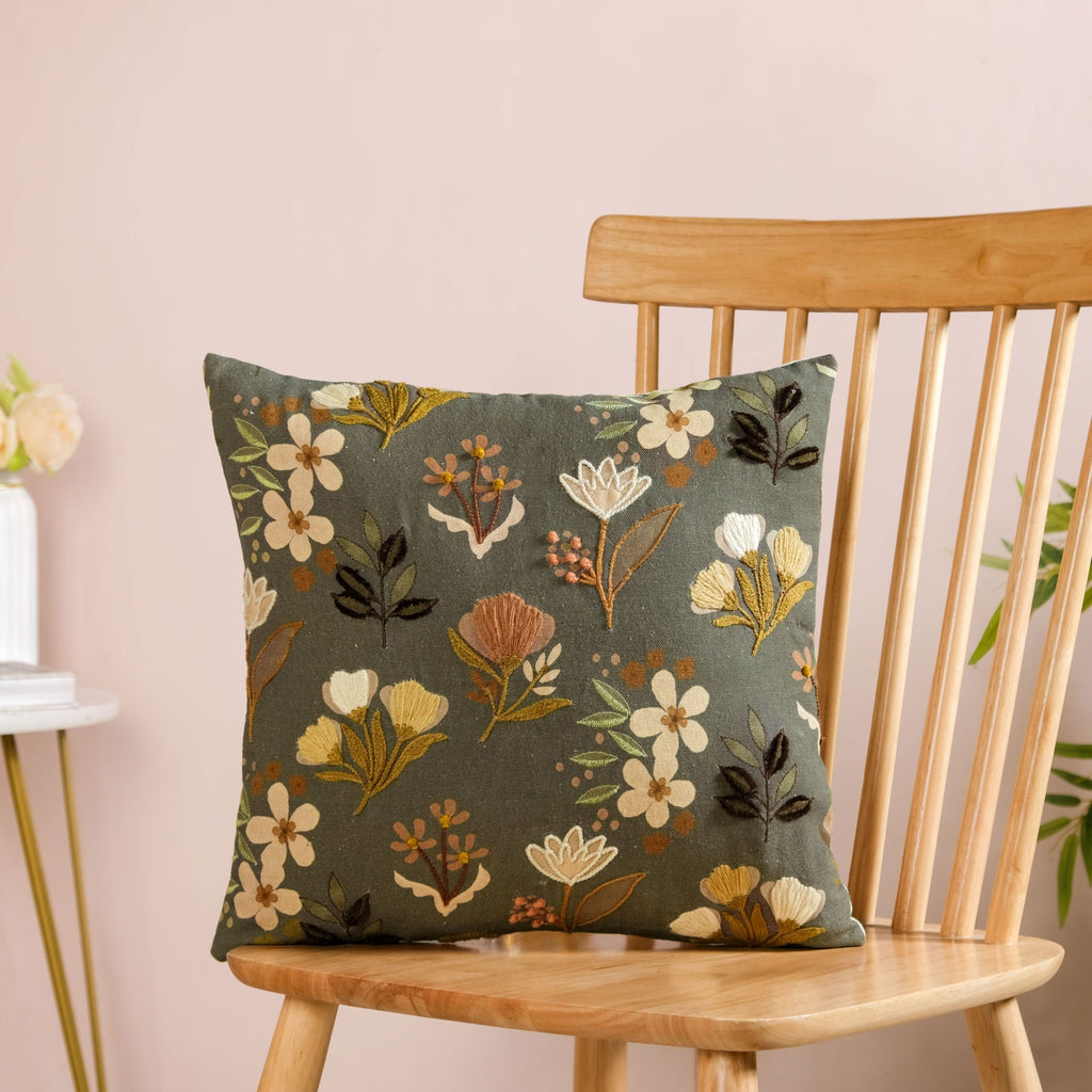 Olive Green Floral Embroidered Cotton Cushion Cover 40x40cm Nestasia
