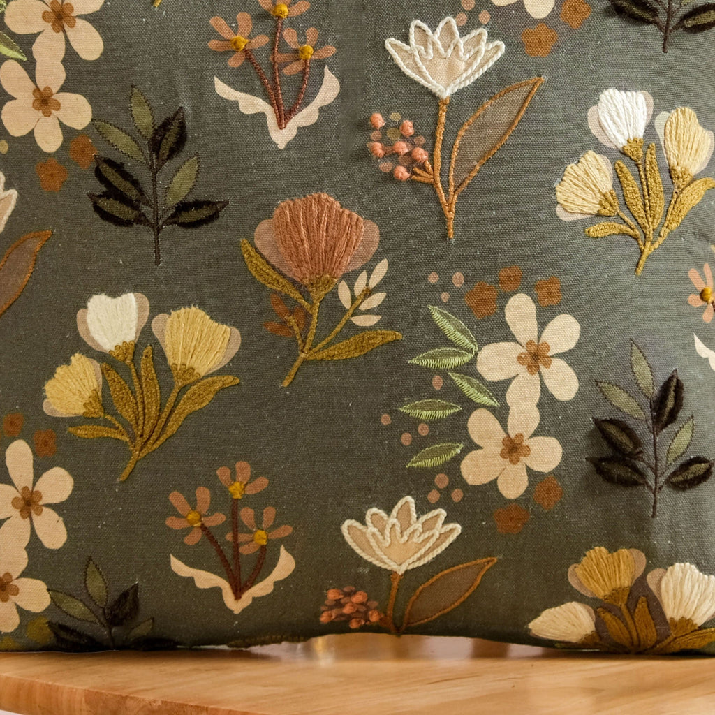 Olive Green Floral Embroidered Cotton Cushion Cover 40x40cm Nestasia