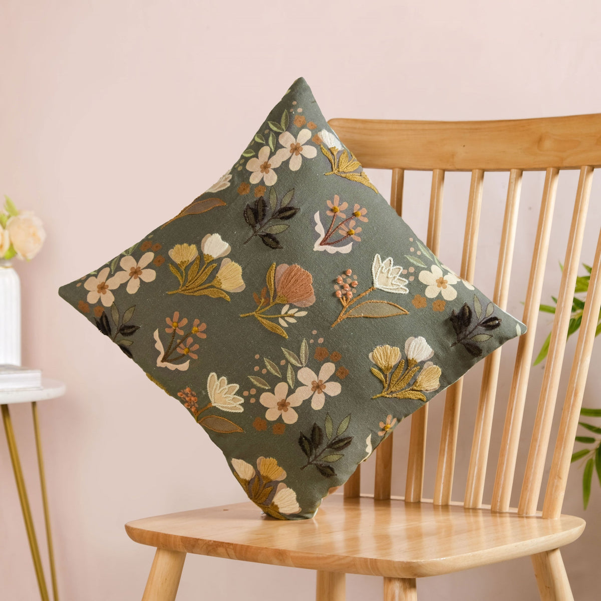 Olive Green Floral Embroidered Cotton Cushion Cover 40x40cm Nestasia