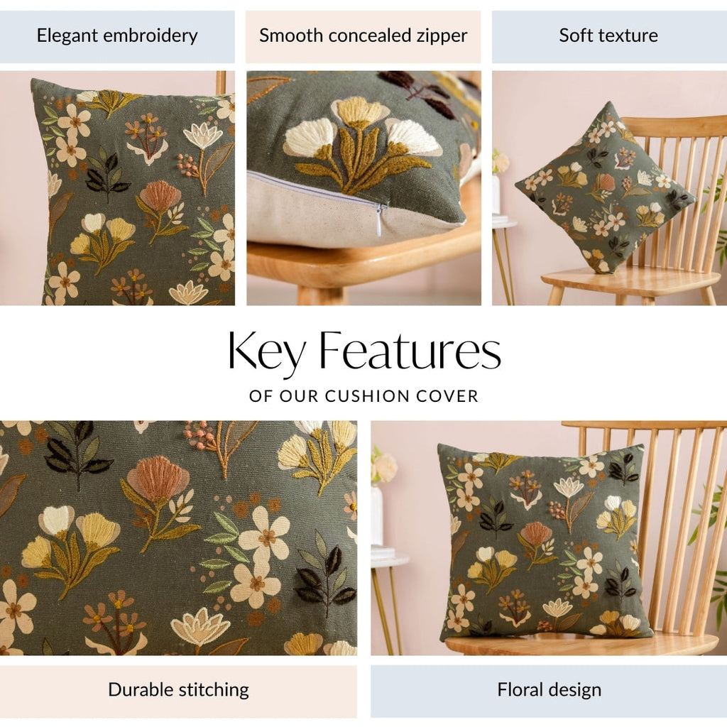 Olive Green Floral Embroidered Cotton Cushion Cover 40x40cm Nestasia