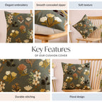 Olive Green Floral Embroidered Cotton Cushion Cover 40x40cm Nestasia
