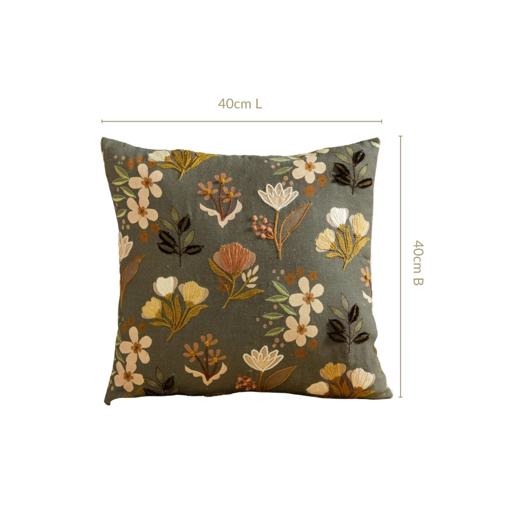 Olive Green Floral Embroidered Cotton Cushion Cover 40x40cm Nestasia