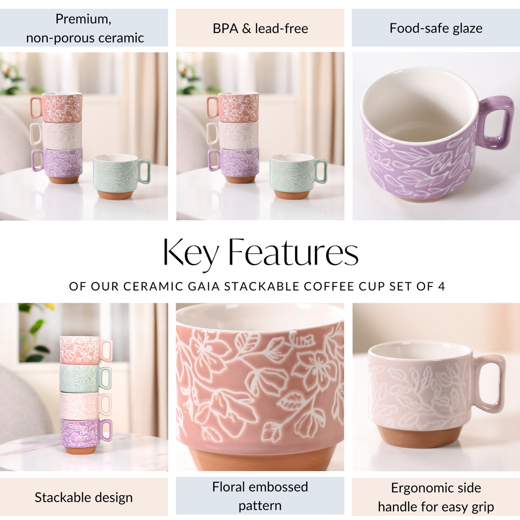 Ceramic Gaia Stackable Coffee Cup Set Of 4 250ml Nestasia