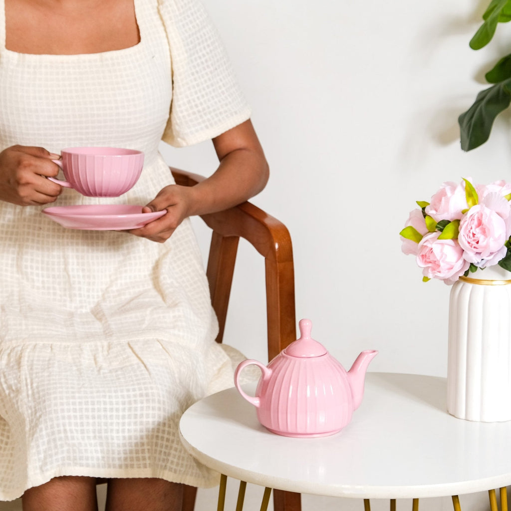 Ambrosia Ceramic Tea Kettle Cup And Saucer Set For 1 Pink Nestasia
