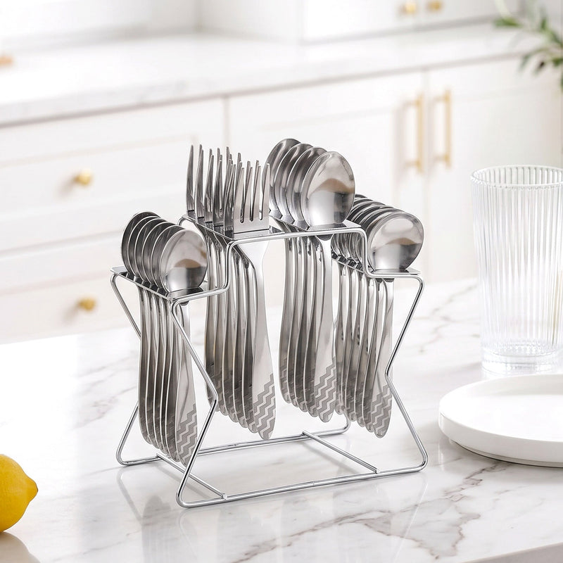 Etched Stainless Steel Cutlery With Stand Set Of 25 Nestasia