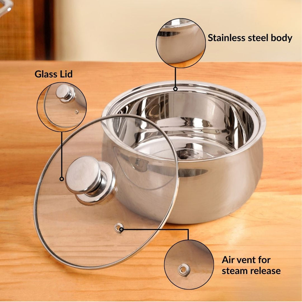Stainless Steel Double Walled Casserole With Glass Lid 1000ml Nestasia
