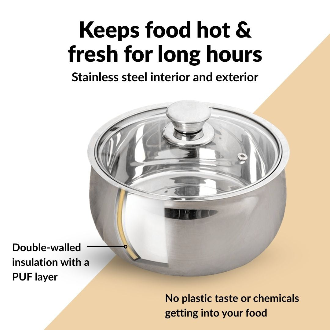 Stainless Steel Double Walled Casserole With Glass Lid 1000ml Nestasia