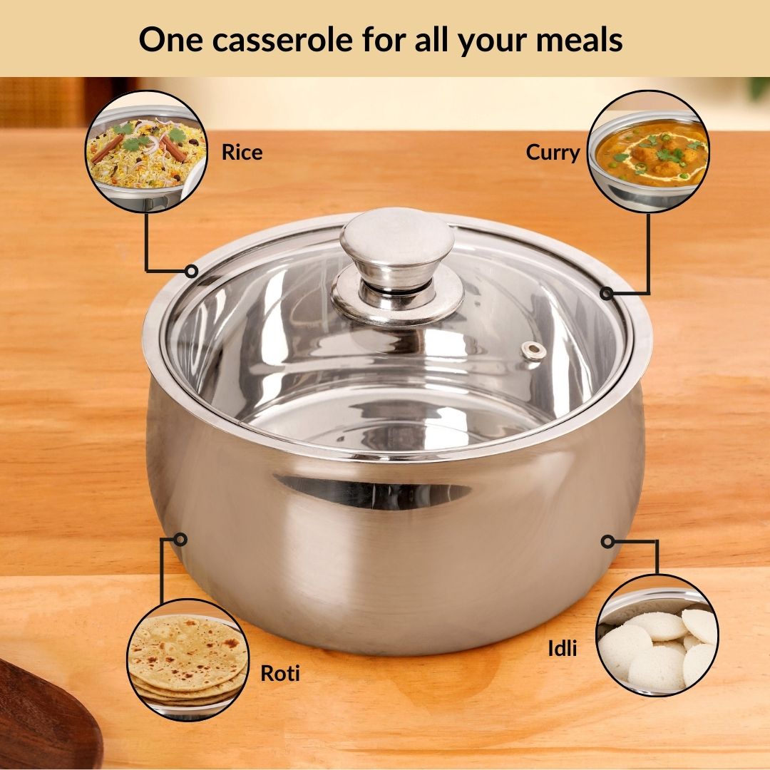 Stainless Steel Double Walled Casserole With Glass Lid 1000ml Nestasia