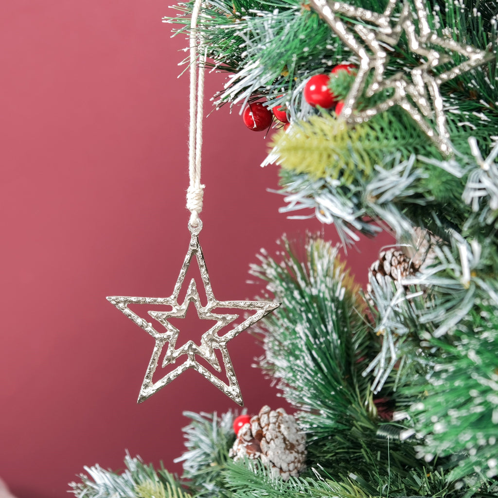 Set Of 6 Silver Star Christmas Tree Decoration Ornaments Nestasia