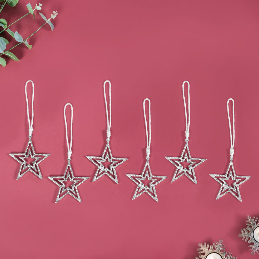 Set Of 6 Silver Star Christmas Tree Decoration Ornaments Nestasia
