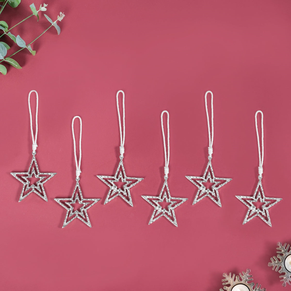 Set Of 6 Silver Star Christmas Tree Decoration Ornaments Nestasia