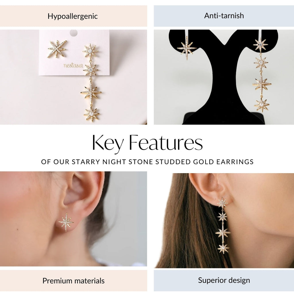 Starry Night Stone Studded Gold Earrings Nestasia