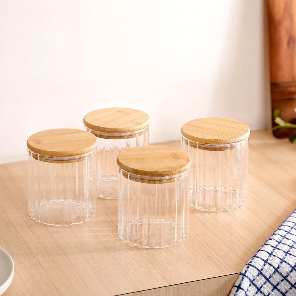 Borosilicate Airtight Glass Jar With Wooden Lid Set Of 4 Ribbed Design 610ml Nestasia