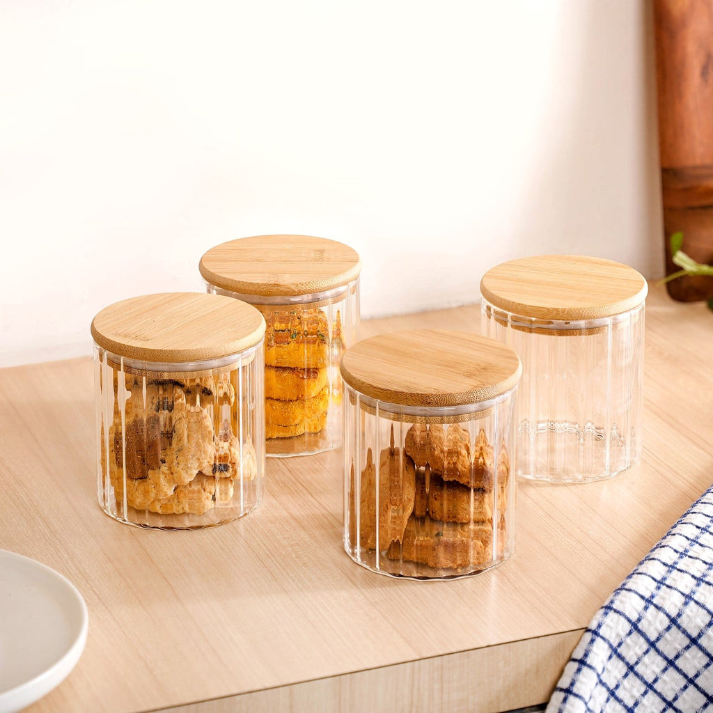 Borosilicate Airtight Glass Jar With Wooden Lid Set Of 4 Ribbed Design 610ml Nestasia